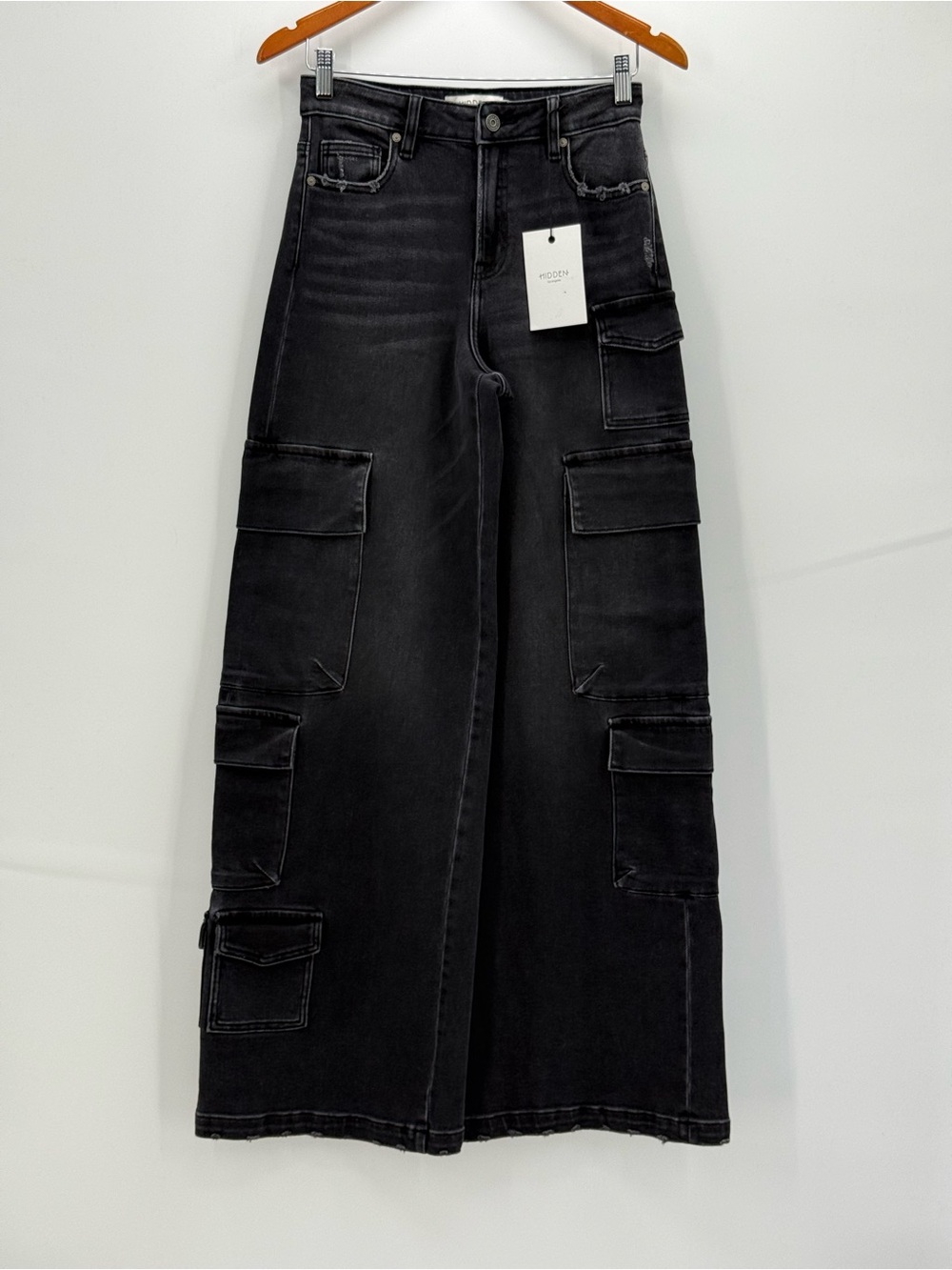 Hidden Nori High Rise Super Wide Leg Cargo Jeans Dark Wash Denim Statement Pants - Picture 3 of 11